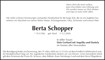 Traueranzeige von Berta Schopper von Pegnitz-Zeitung