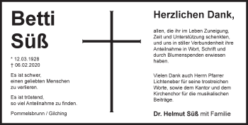 Traueranzeige von Betti Süß von Hersbrucker Zeitung
