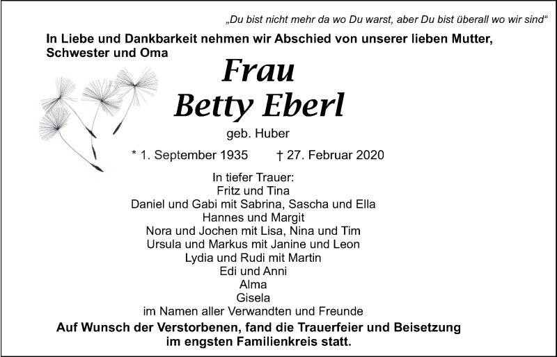  Traueranzeige für Betty Eberl vom 16.03.2020 aus Der Bote