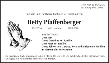Traueranzeige von Betty Pfaffenberger von Pegnitz-Zeitung