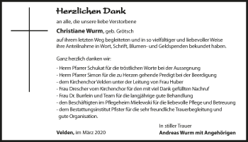 Traueranzeige von Christiane Wurm von Hersbrucker Zeitung