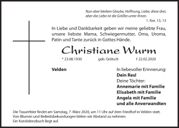 Traueranzeige von Christiane Wurm von Hersbrucker Zeitung