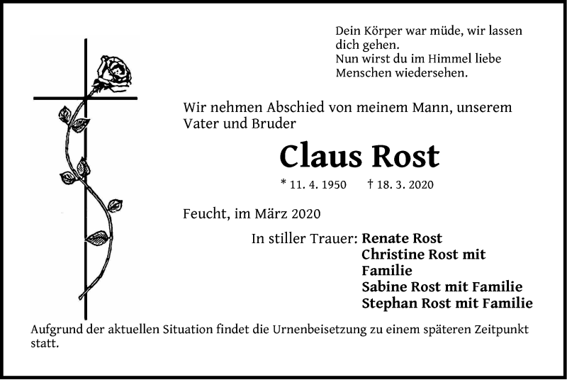  Traueranzeige für Claus Rost vom 28.03.2020 aus Der Bote