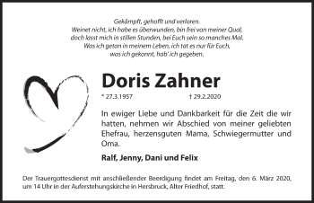 Traueranzeige von Doris Zahner von Hersbrucker Zeitung