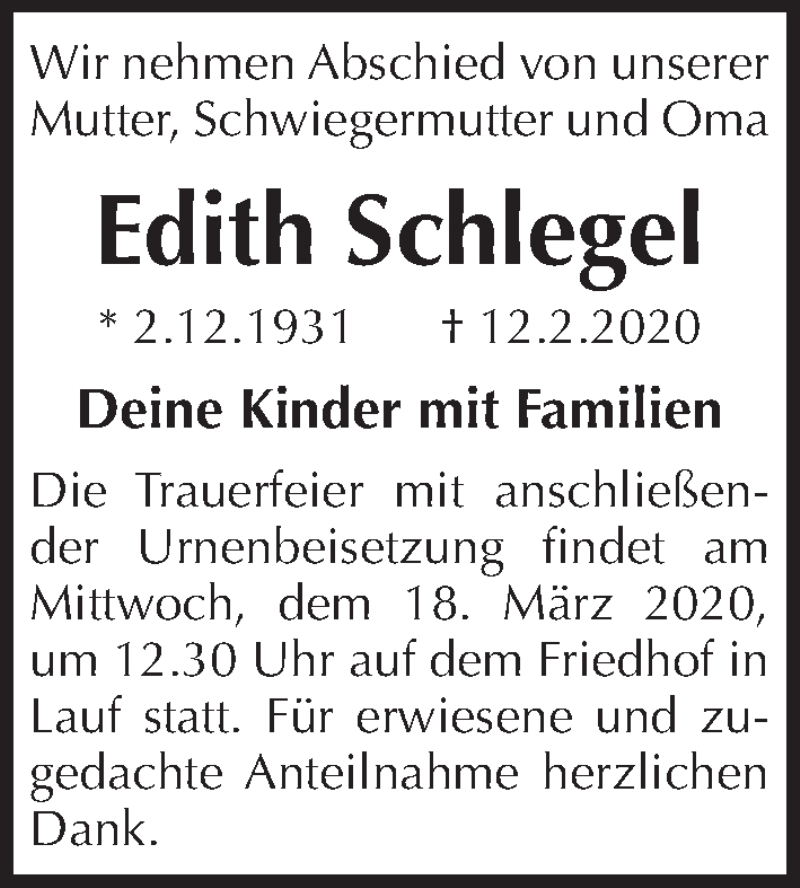  Traueranzeige für Edith Schlegel vom 14.03.2020 aus Pegnitz-Zeitung