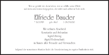 Traueranzeige von Elfriede Bauder von Hersbrucker Zeitung