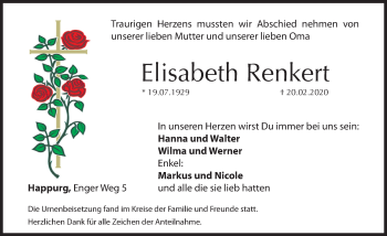 Traueranzeige von Elisabeth Renkert von Hersbrucker Zeitung