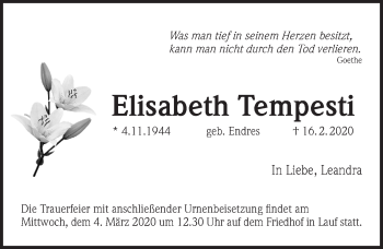 Traueranzeige von Elisabeth Tempesti von Pegnitz-Zeitung