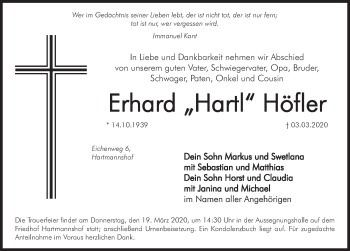 Traueranzeige von Erhard  Höfler von Hersbrucker Zeitung