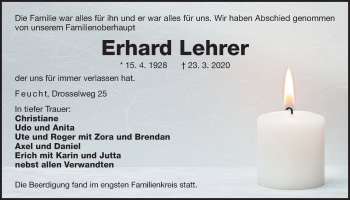 Traueranzeige von Erhard Lehrer von Der Bote