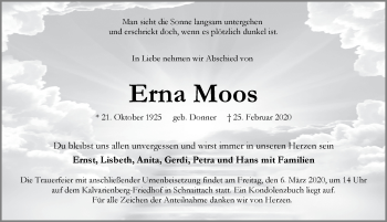 Traueranzeige von Erna Moos von Pegnitz-Zeitung
