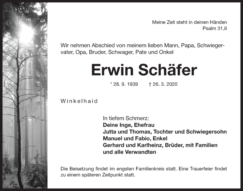  Traueranzeige für Erwin Schäfer vom 28.03.2020 aus Der Bote