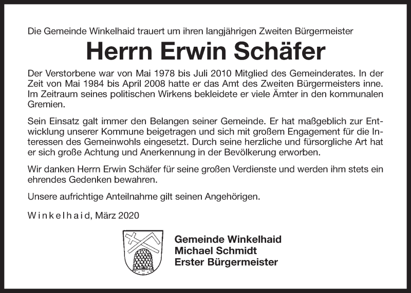  Traueranzeige für Erwin Schäfer vom 30.03.2020 aus Der Bote