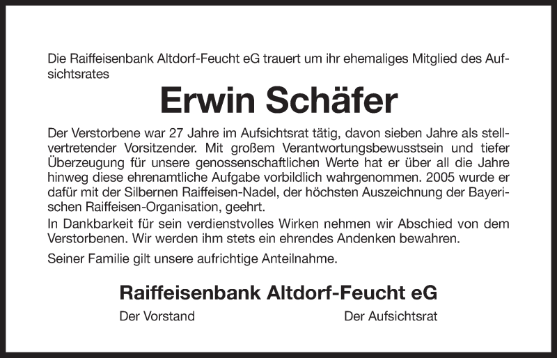  Traueranzeige für Erwin Schäfer vom 28.03.2020 aus Der Bote