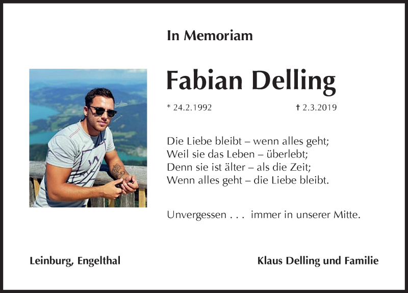  Traueranzeige für Fabian Delling vom 02.03.2020 aus Hersbrucker Zeitung