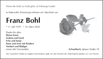 Traueranzeige von Franz Bohl von Pegnitz-Zeitung