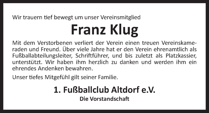 Traueranzeige für Franz Klug vom 26.03.2020 aus Der Bote