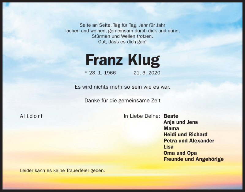  Traueranzeige für Franz Klug vom 24.03.2020 aus Der Bote