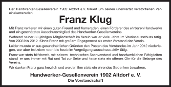 Traueranzeige von Franz Klug von Der Bote
