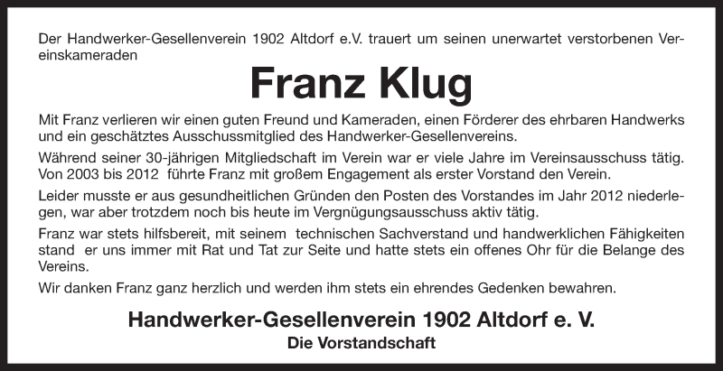  Traueranzeige für Franz Klug vom 25.03.2020 aus Der Bote