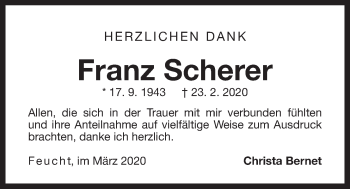 Traueranzeige von Franz Scherer von Der Bote