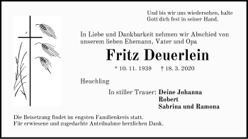 Traueranzeige von Fritz Deuerlein von Pegnitz-Zeitung