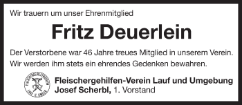 Traueranzeige von Fritz Deuerlein von Pegnitz-Zeitung