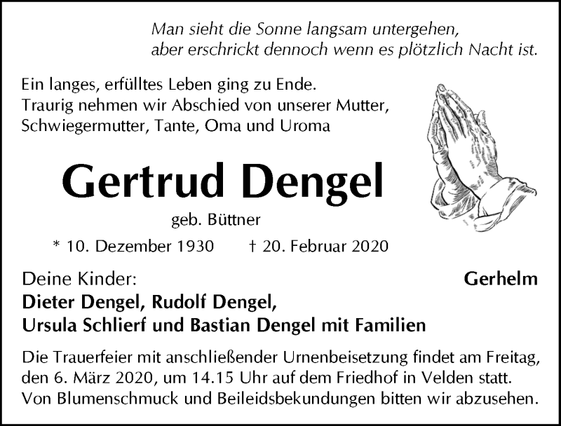  Traueranzeige für Gertrud Dengel vom 04.03.2020 aus Hersbrucker Zeitung