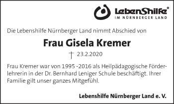 Traueranzeige von Gisela Kremer von Pegnitz-Zeitung