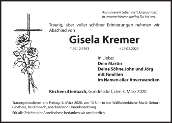 Traueranzeige von Gisela Kremer von Hersbrucker Zeitung