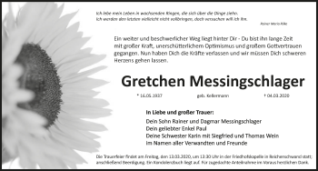 Traueranzeige von Gretchen Messingschlager von Hersbrucker Zeitung