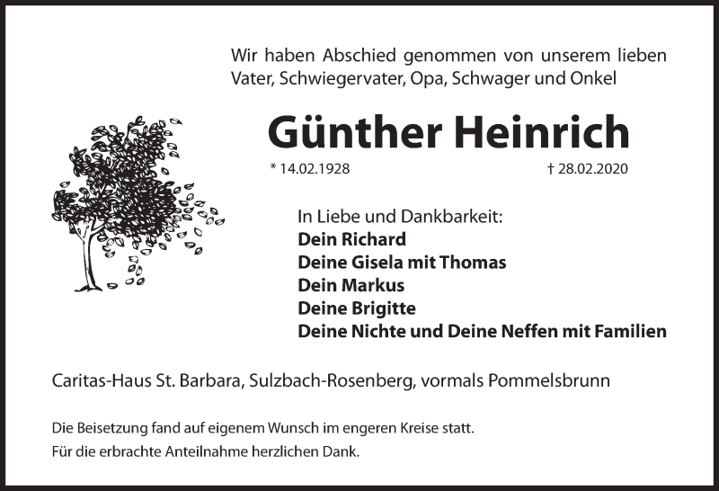  Traueranzeige für Günther Heinrich vom 14.03.2020 aus Hersbrucker Zeitung