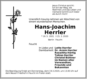Traueranzeige von Hans-Joachim Herrler von Der Bote