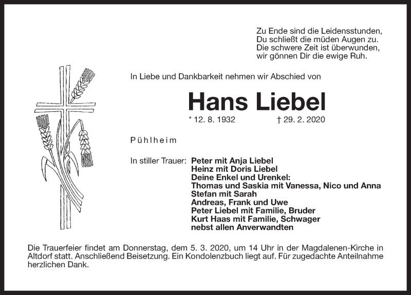  Traueranzeige für Hans Liebel vom 03.03.2020 aus Hersbrucker Zeitung
