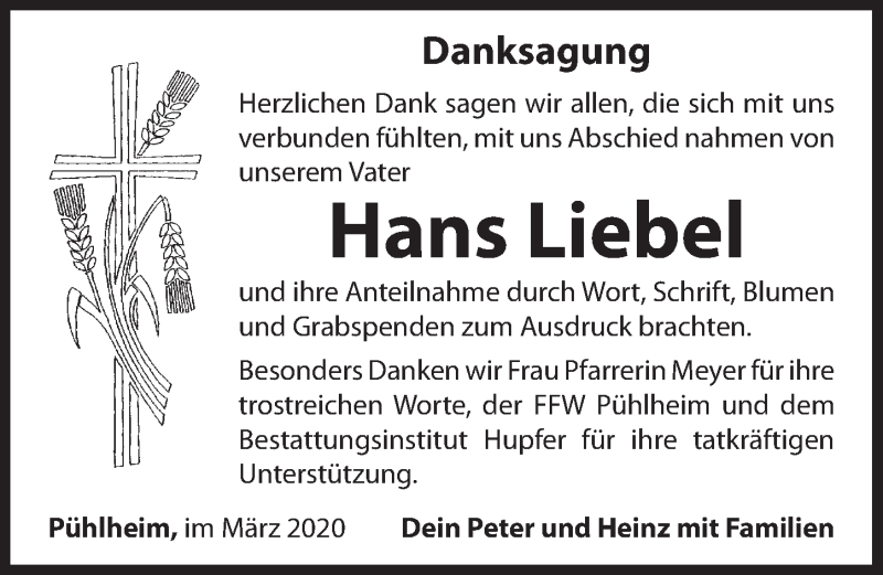  Traueranzeige für Hans Liebel vom 14.03.2020 aus Hersbrucker Zeitung