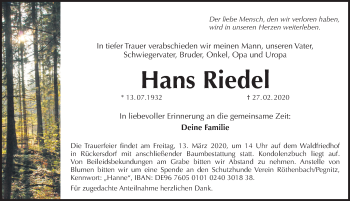 Traueranzeige von Hans Riedel von Pegnitz-Zeitung