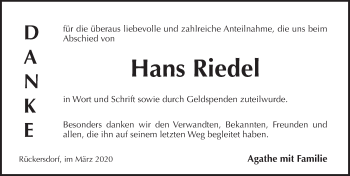 Traueranzeige von Hans Riedel von Pegnitz-Zeitung