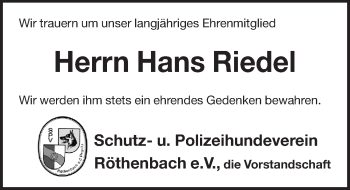 Traueranzeige von Hans Riedel von Pegnitz-Zeitung