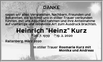 Traueranzeige von Heinrich Kurz von Hersbrucker Zeitung
