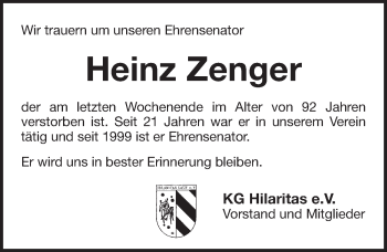 Traueranzeige von Heinz Zenger von Pegnitz-Zeitung