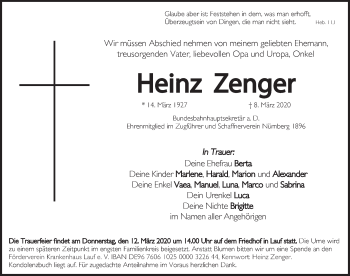 Traueranzeige von Heinz Zenger von Pegnitz-Zeitung
