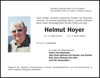 Traueranzeige von Helmut Hoyer von Der Bote