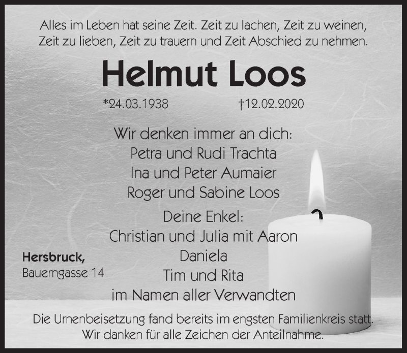  Traueranzeige für Helmut Loos vom 21.03.2020 aus Hersbrucker Zeitung