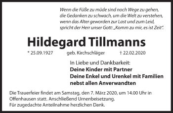 Traueranzeige von Hildegard Tillmanns von Hersbrucker Zeitung