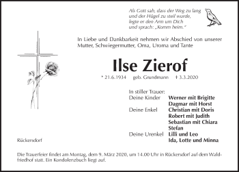 Traueranzeige von Ilse Zierof von Pegnitz-Zeitung