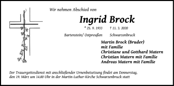 Traueranzeige von Ingrid Brock von Der Bote