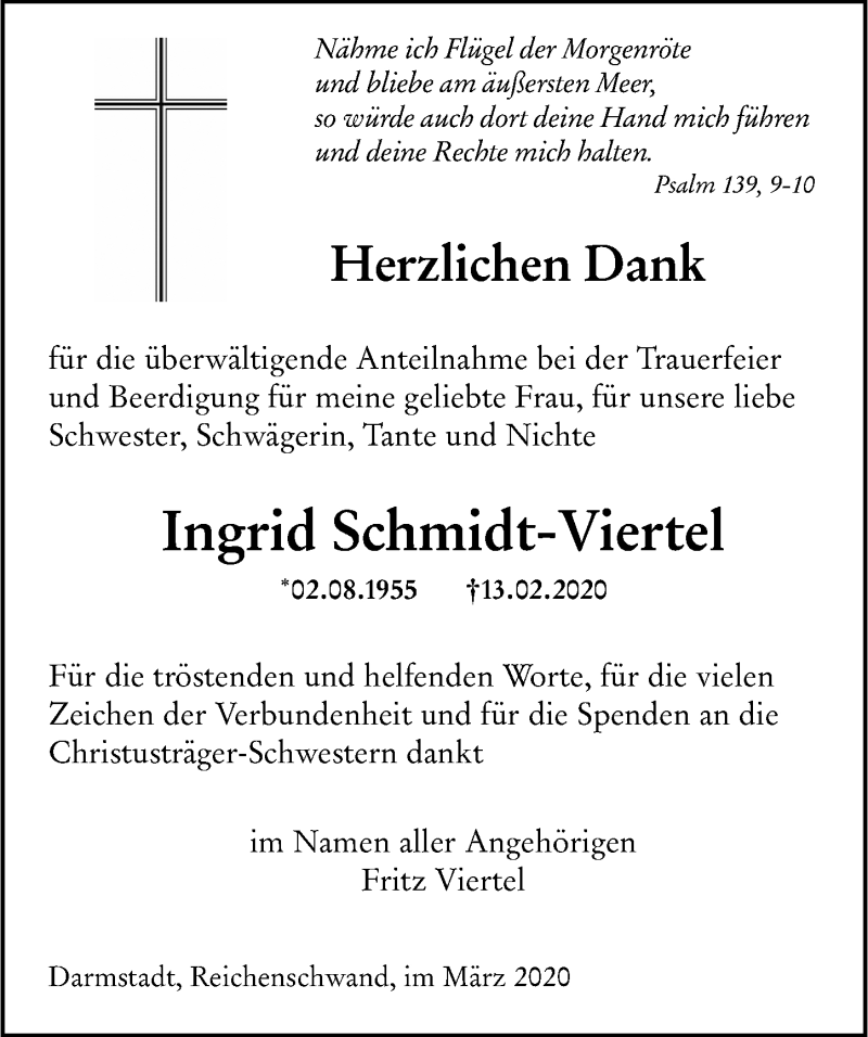  Traueranzeige für Ingrid Schmidt-Viertel vom 28.03.2020 aus Hersbrucker Zeitung