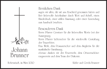 Traueranzeige von Johann Brunner von Hersbrucker Zeitung