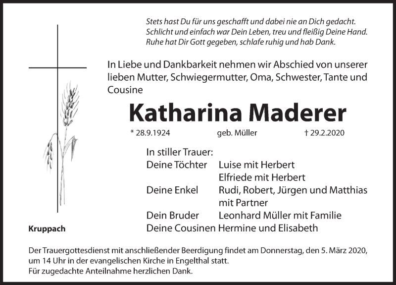  Traueranzeige für Katharina Maderer vom 03.03.2020 aus Hersbrucker Zeitung