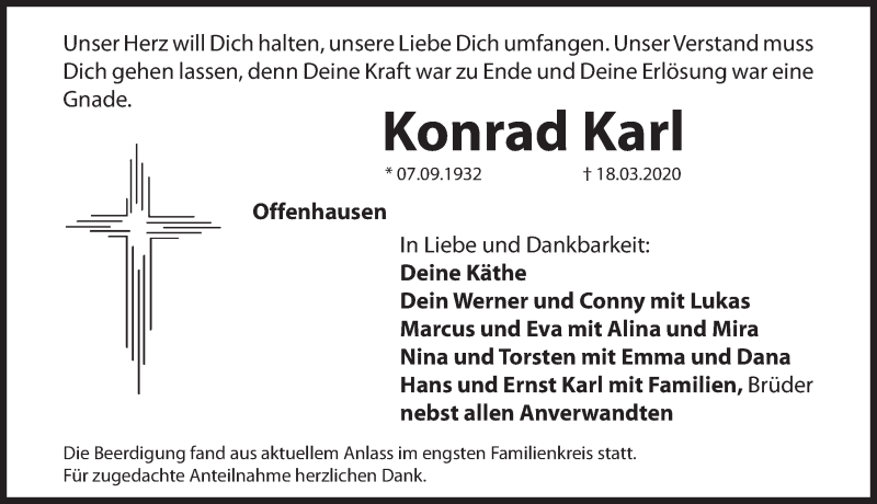  Traueranzeige für Konrad Karl vom 24.03.2020 aus Hersbrucker Zeitung